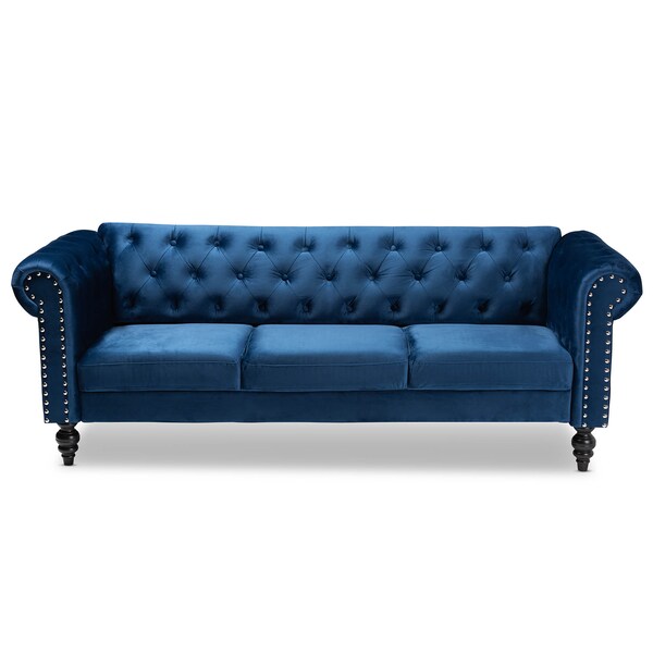 Baxton Studio Emma Navy Blue Velvet Upholstered and Button Tufted Chesterfield Sofa - 163-10309
