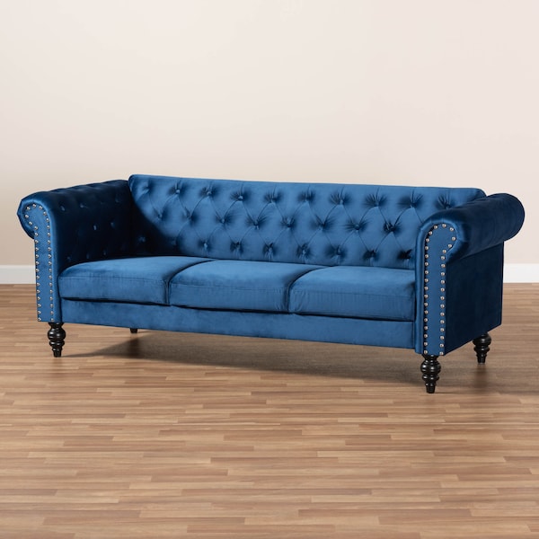 Baxton Studio Emma Navy Blue Velvet Upholstered and Button Tufted Chesterfield Sofa - 163-10309