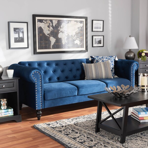 Baxton Studio Emma Navy Blue Velvet Upholstered and Button Tufted Chesterfield Sofa - 163-10309