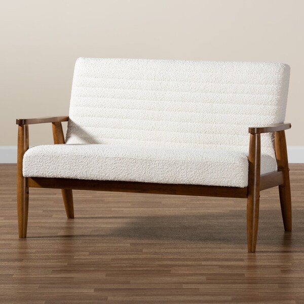 Baxton Studio Stratton Mid-Century Modern Cream Boucle Fabric and Walnut Brown Finished Wood Loveseat - 228-12961-ZORO