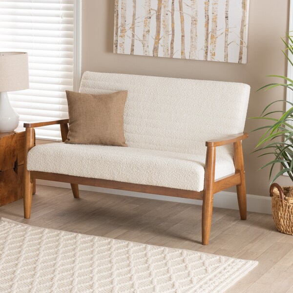 Baxton Studio Stratton Mid-Century Modern Cream Boucle Fabric and Walnut Brown Finished Wood Loveseat - 228-12961-ZORO