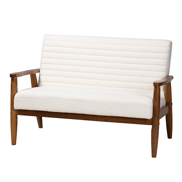 Baxton Studio Stratton Mid-Century Modern Cream Boucle Fabric and Walnut Brown Finished Wood Loveseat - 228-12961-ZORO