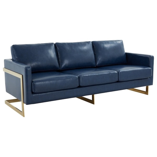 Leisuremod Lincoln Upholstered Leather Sofa with Gold Frame, Navy Blue - LA83BU-L