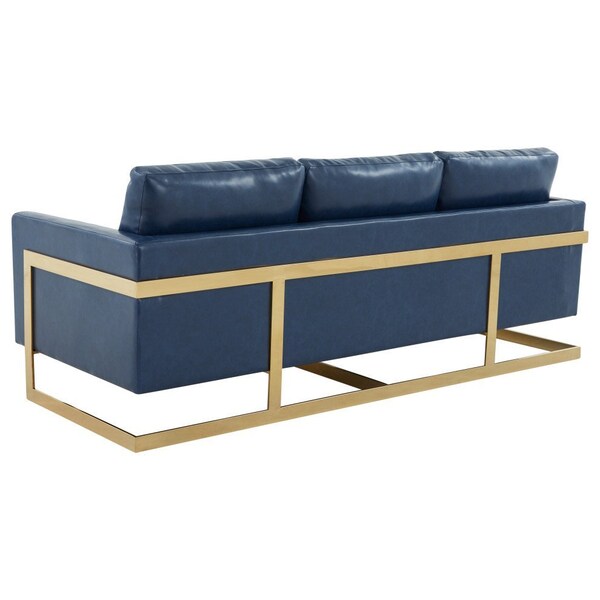 Leisuremod Lincoln Upholstered Leather Sofa with Gold Frame, Navy Blue - LA83BU-L