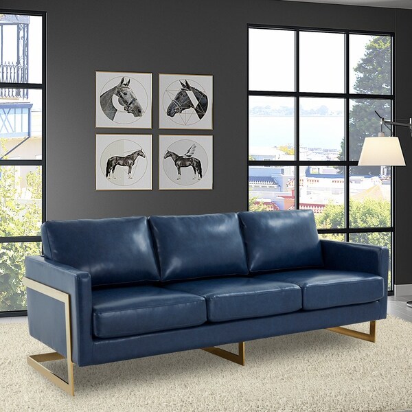 Leisuremod Lincoln Upholstered Leather Sofa with Gold Frame, Navy Blue - LA83BU-L