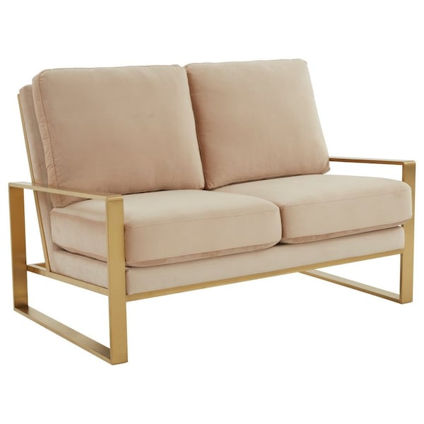 Leisuremod Jefferson Contemporary Velvet Loveseat with Gold Frame, Beige - JAG53BG