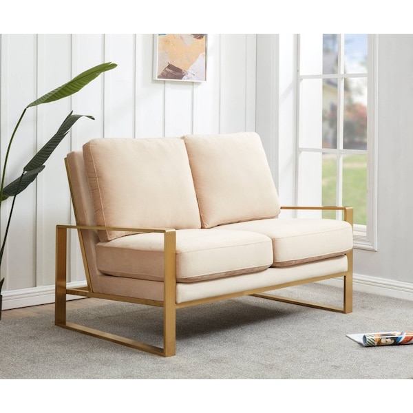 Leisuremod Jefferson Contemporary Velvet Loveseat with Gold Frame, Beige - JAG53BG