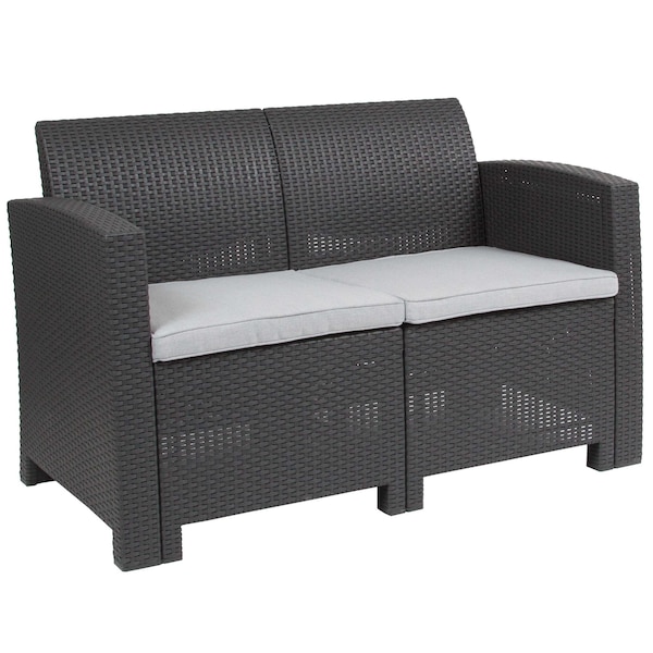 Flash Furniture Dk Gray Rattan Loveseat w/ All-Weather Cushions - DAD-SF2-2-DKGY-GG