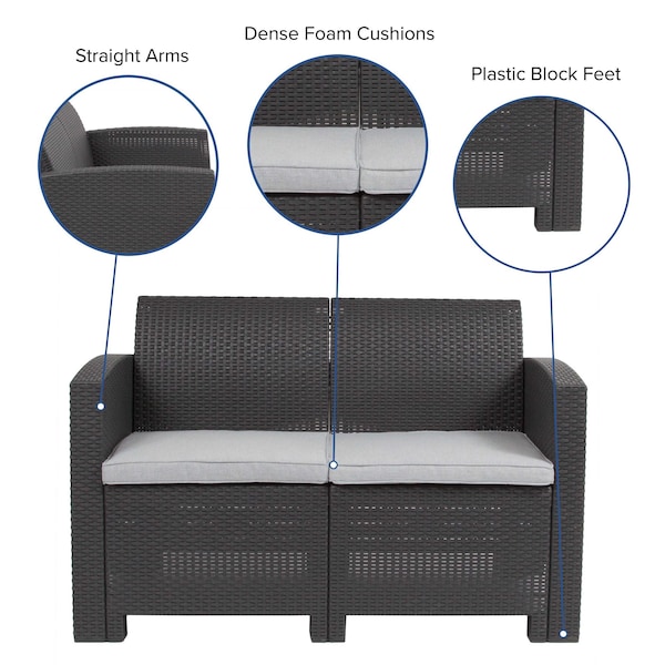 Flash Furniture Dk Gray Rattan Loveseat w/ All-Weather Cushions - DAD-SF2-2-DKGY-GG