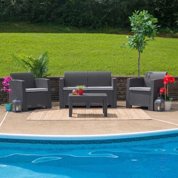 Flash Furniture Dk Gray Rattan Loveseat w/ All-Weather Cushions - DAD-SF2-2-DKGY-GG