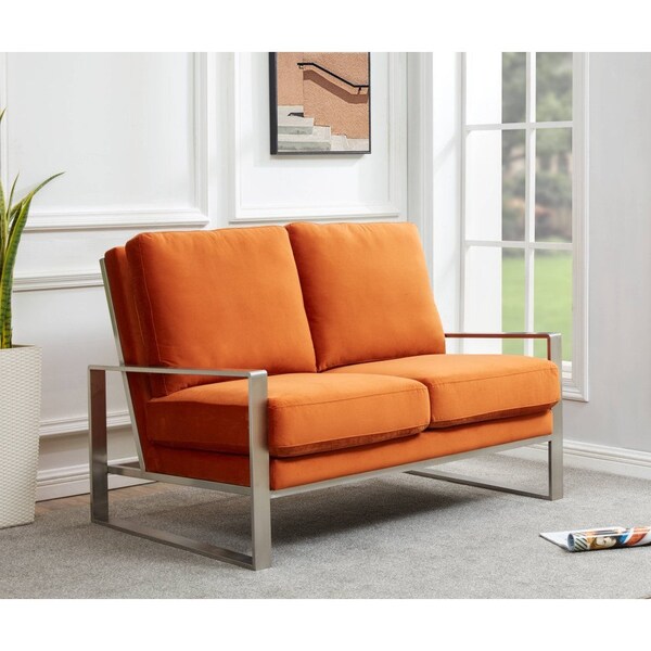 Leisuremod Jefferson Contemporary Velvet Loveseat with Silver Frame, Orange - JAS53OR