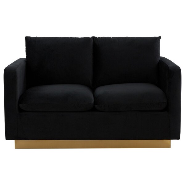 Leisuremod Nervo Upholstered Velvet Loveseat with Gold Frame, Midnight Black - NS55BL