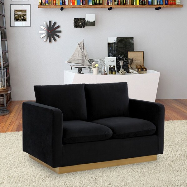 Leisuremod Nervo Upholstered Velvet Loveseat with Gold Frame, Midnight Black - NS55BL