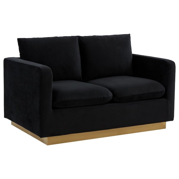 Leisuremod Nervo Upholstered Velvet Loveseat with Gold Frame, Midnight Black - NS55BL