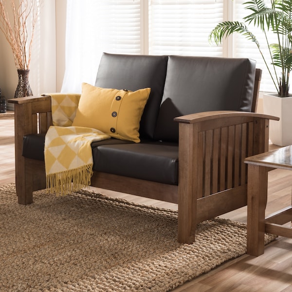 Baxton Studio Charlotte Walnut Wood and Dark Brown Faux Leather 2-Seater Loveseat - 125-6901