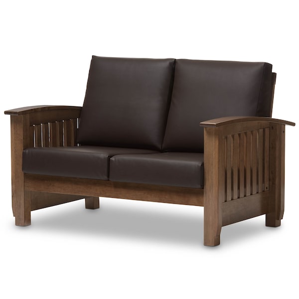 Baxton Studio Charlotte Walnut Wood and Dark Brown Faux Leather 2-Seater Loveseat - 125-6901