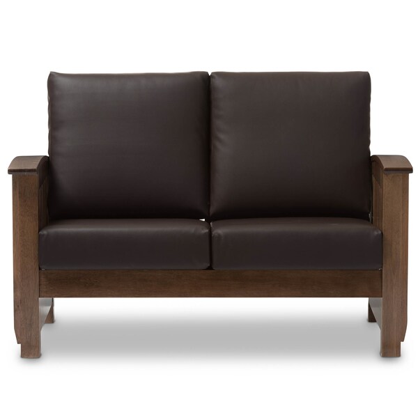 Baxton Studio Charlotte Walnut Wood and Dark Brown Faux Leather 2-Seater Loveseat - 125-6901