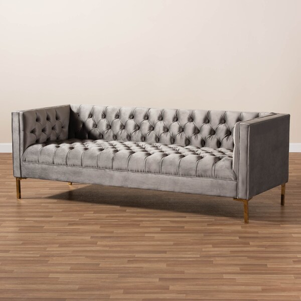 Baxton Studio Zanetta Gray Velvet Upholstered Gold Finished Sofa - 153-9689