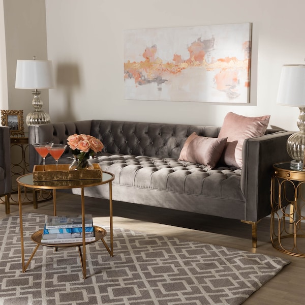Baxton Studio Zanetta Gray Velvet Upholstered Gold Finished Sofa - 153-9689