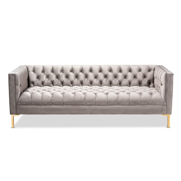 Baxton Studio Zanetta Gray Velvet Upholstered Gold Finished Sofa - 153-9689