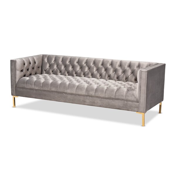 Baxton Studio Zanetta Gray Velvet Upholstered Gold Finished Sofa - 153-9689