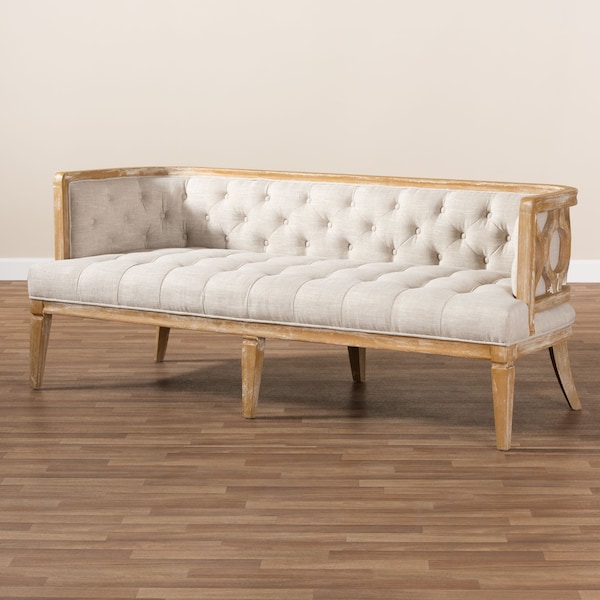 Baxton Studio Agnes Beige Linen Upholstered and White-Washed Oak Wood Sofa - 152-9385