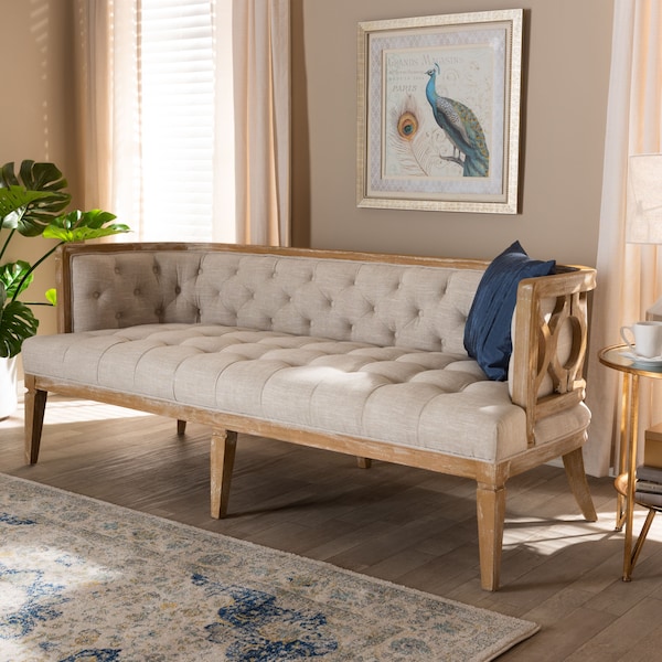 Baxton Studio Agnes Beige Linen Upholstered and White-Washed Oak Wood Sofa - 152-9385