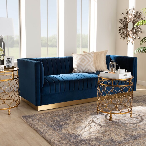 Baxton Studio Aveline Navy Blue Velvet Upholstered Brushed Gold Finished Sofa - 159-9784