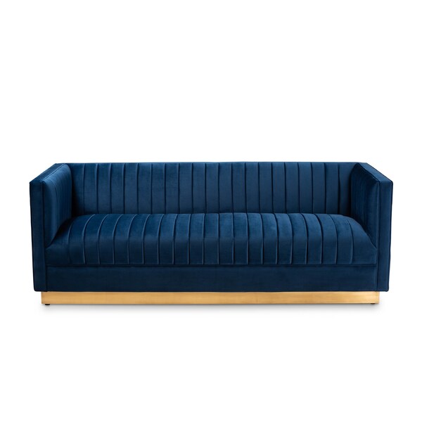 Baxton Studio Aveline Navy Blue Velvet Upholstered Brushed Gold Finished Sofa - 159-9784