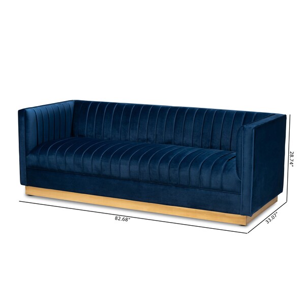 Baxton Studio Aveline Navy Blue Velvet Upholstered Brushed Gold Finished Sofa - 159-9784