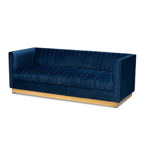 Baxton Studio Aveline Navy Blue Velvet Upholstered Brushed Gold Finished Sofa - 159-9784