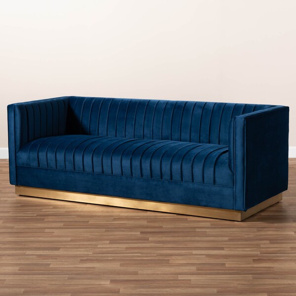 Baxton Studio Aveline Navy Blue Velvet Upholstered Brushed Gold Finished Sofa - 159-9784