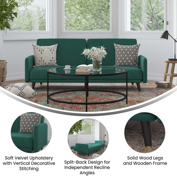 Flash Furniture Emerald Velvet Split Back Futon Sofa - Wooden Legs - HC-1044-GN-GG