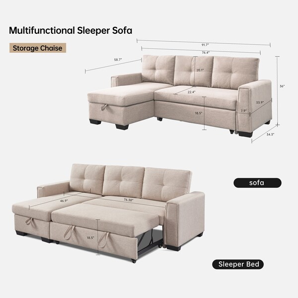 Moootto 91.7in Pull-Out Sleeper Bed, L-Shape Convertible Reversible Sectional Sofa with Storage Chaise - TBZOSS2791P-BGSSSS