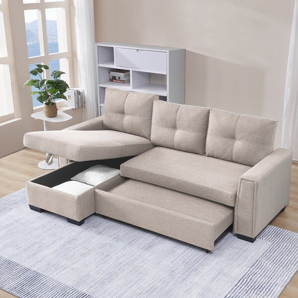 Moootto 91.7in Pull-Out Sleeper Bed, L-Shape Convertible Reversible Sectional Sofa with Storage Chaise - TBZOSS2791P-BGSSSS