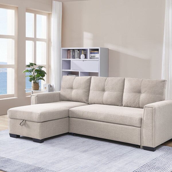 Moootto 91.7in Pull-Out Sleeper Bed, L-Shape Convertible Reversible Sectional Sofa with Storage Chaise - TBZOSS2791P-BGSSSS