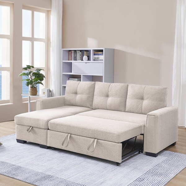 Moootto 91.7in Pull-Out Sleeper Bed, L-Shape Convertible Reversible Sectional Sofa with Storage Chaise - TBZOSS2791P-BGSSSS