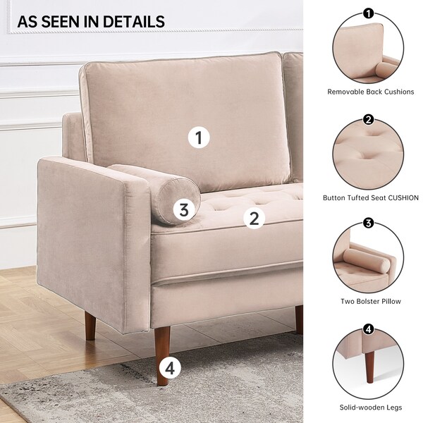 Moootto 69in Upholstered Sofa Couch Furniture, Velvet Loveseat, Tufted 3-seater Cushion w Bolster Pillows - TBZOSS2788V-BG3SSS