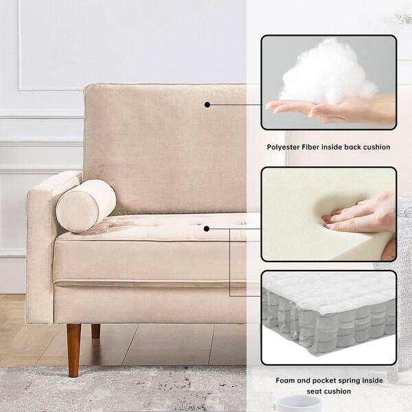 Moootto 69in Upholstered Sofa Couch Furniture, Velvet Loveseat, Tufted 3-seater Cushion w Bolster Pillows - TBZOSS2788V-BG3SSS