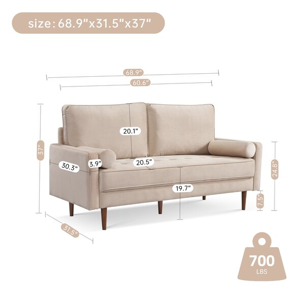 Moootto 69in Upholstered Sofa Couch Furniture, Velvet Loveseat, Tufted 3-seater Cushion w Bolster Pillows - TBZOSS2788V-BG3SSS