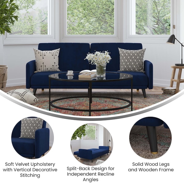 Flash Furniture Navy Velvet Split Back Futon Sofa - Wooden Legs - HC-1044-NV-GG