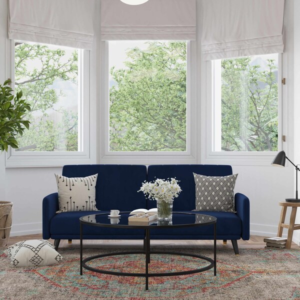 Flash Furniture Navy Velvet Split Back Futon Sofa - Wooden Legs - HC-1044-NV-GG