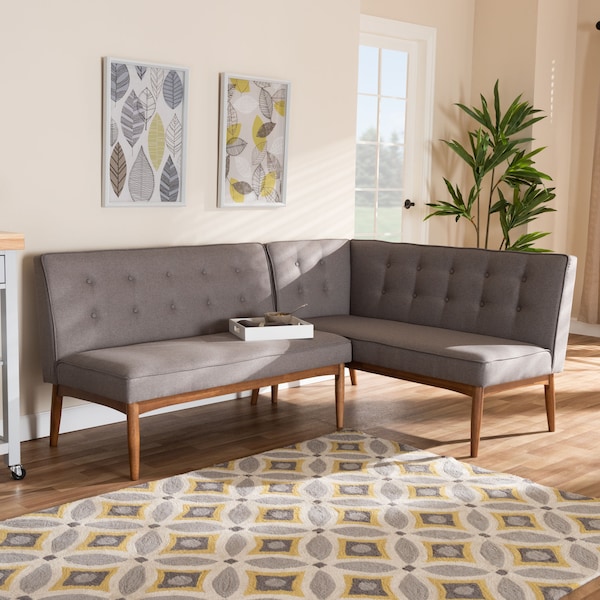 Baxton Studio Arvid Mid-Century Gray Upholstered 2-PC Wood Dining Corner Sofa Bench - 155-9306
