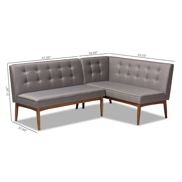 Baxton Studio Arvid Mid-Century Gray Upholstered 2-PC Wood Dining Corner Sofa Bench - 155-9306