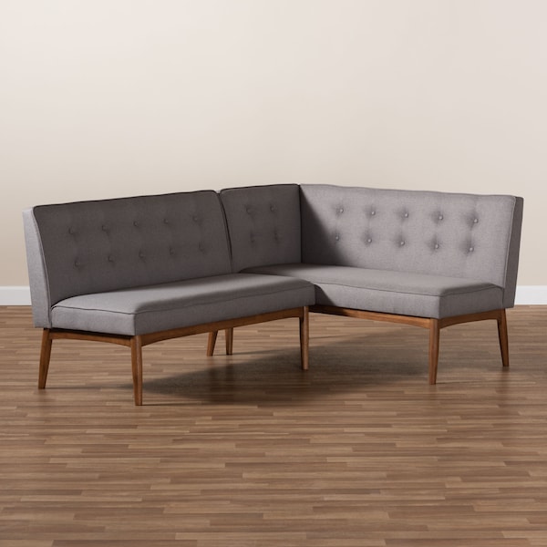 Baxton Studio Arvid Mid-Century Gray Upholstered 2-PC Wood Dining Corner Sofa Bench - 155-9306