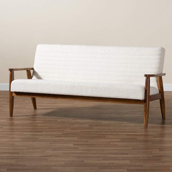 Baxton Studio Stratton Mid-Century Modern Cream Boucle Fabric and Walnut Brown Finished Wood Sofa - 228-12962-ZORO