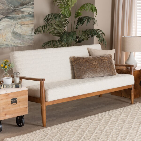 Baxton Studio Stratton Mid-Century Modern Cream Boucle Fabric and Walnut Brown Finished Wood Sofa - 228-12962-ZORO