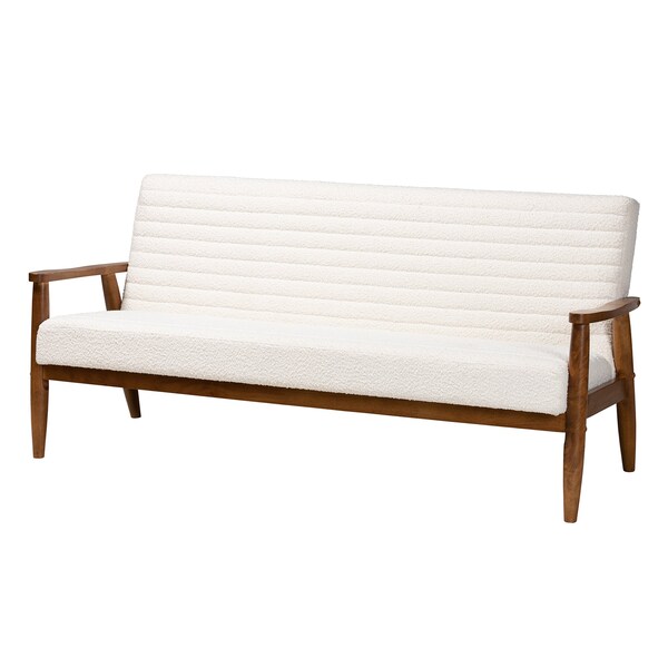 Baxton Studio Stratton Mid-Century Modern Cream Boucle Fabric and Walnut Brown Finished Wood Sofa - 228-12962-ZORO