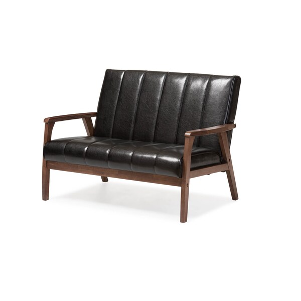 Baxton Studio Nikko Mid-century Black Faux Leather Wooden 2-Seater Loveseat - 121-6746