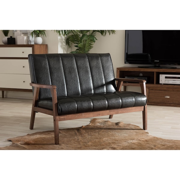 Baxton Studio Nikko Mid-century Black Faux Leather Wooden 2-Seater Loveseat - 121-6746